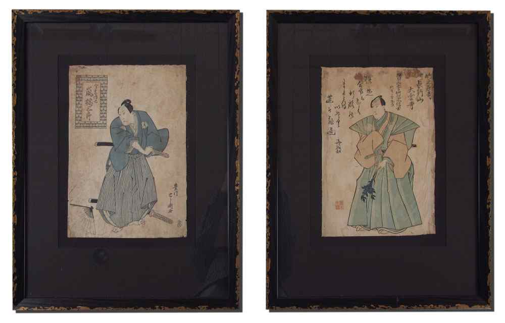 Appraisal: TWO JAPANESE WOODBLOCK PRINTS DEPICTING SAMURAI WARRIORS Sight size ''