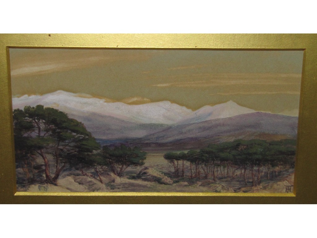 Appraisal: HELEN THORNYCROFT Watercolour winter landscape with pine trees monogrammed lower