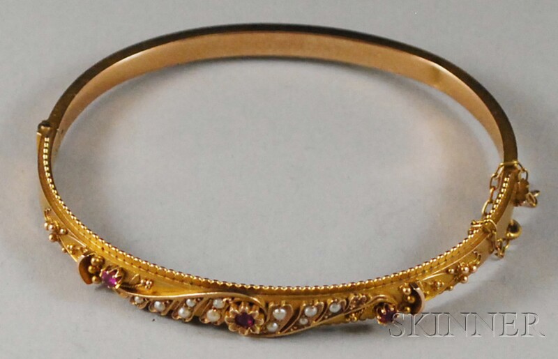 Appraisal: Antique British kt Gold Seed Pearl and Gemstone Granulated Bangle