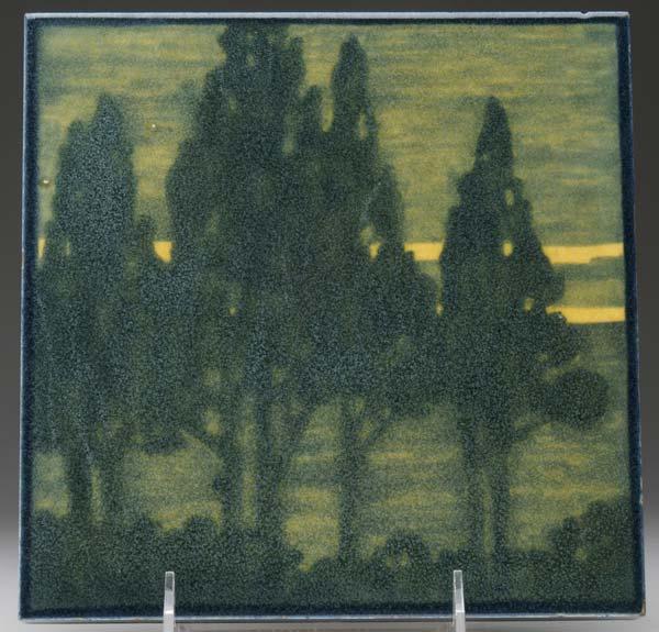 Appraisal: ARTHUR BAGGS MARBLEHEAD Exceptional tile painted with cedar trees in