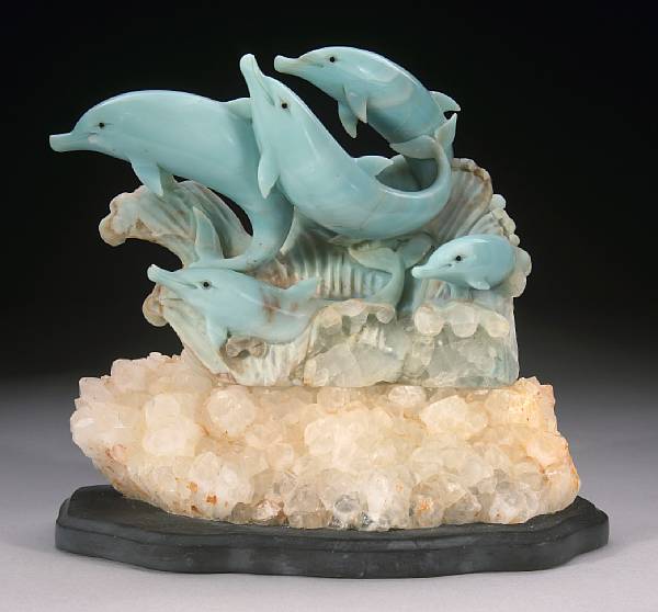 Appraisal: Blue Quartzite Carving of Dolphins Carved of a well-polished blue