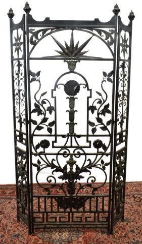 Appraisal: Architectural wrought iron three-panel screen th c topped with foliate