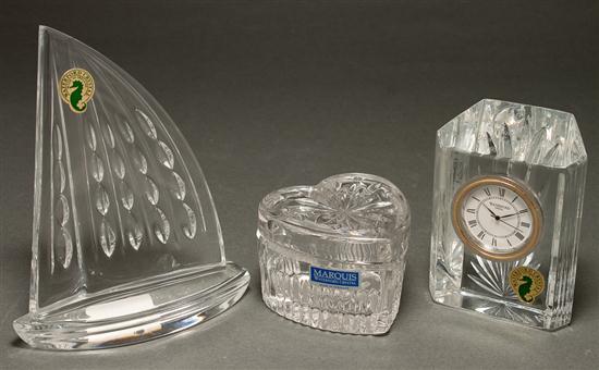 Appraisal: Waterford molded crystal sailboat heart-shaped dresser box and desk clock