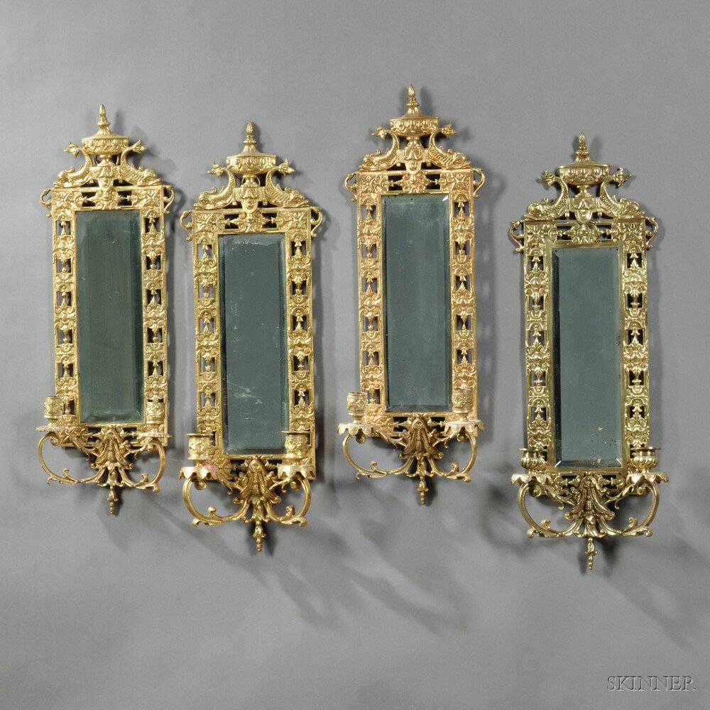 Appraisal: Four Bronze Two-light Wall Sconces with Mirrored Backs late th