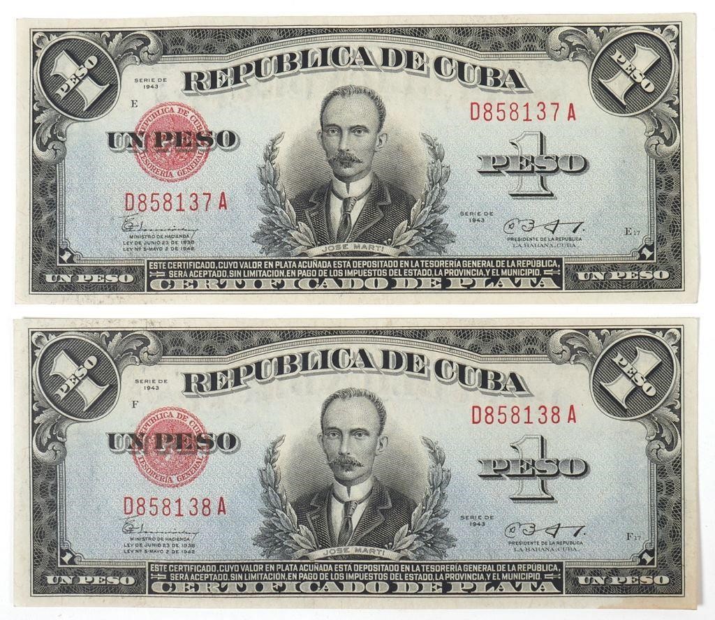 Appraisal: Two consecutive serial number Cuban silver certificates Banknotes read Republica