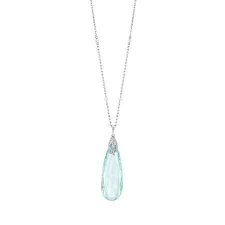 Appraisal: Platinum and Pearl Chain with Aquamarine Briolette and Diamond Pendant