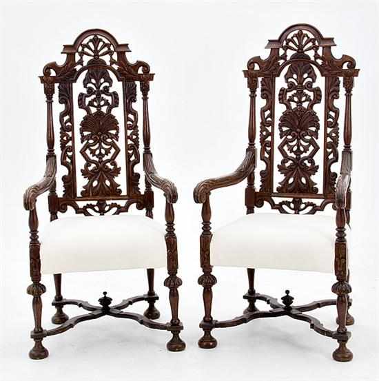 Appraisal: Pair Jacobean Revival carved oak armchairs last quarter th century