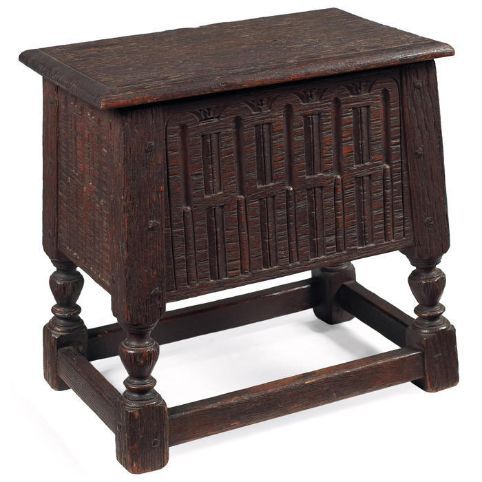 Appraisal: Arts and Crafts box lift-top formin distressed oak with carved