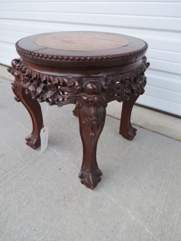 Appraisal: Chinese Carved Wood Plant Stand red marble inset tall diameter