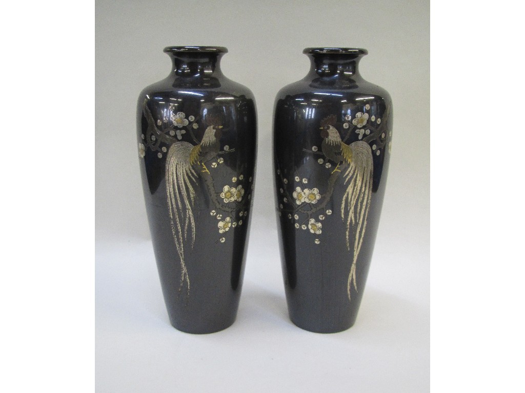 Appraisal: Pair of Japanese bronze vases each depicting cockerel with silver