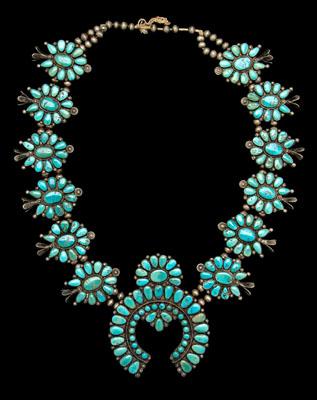 Appraisal: Navajo squash blossom necklace silver blossoms and naja with turquoise