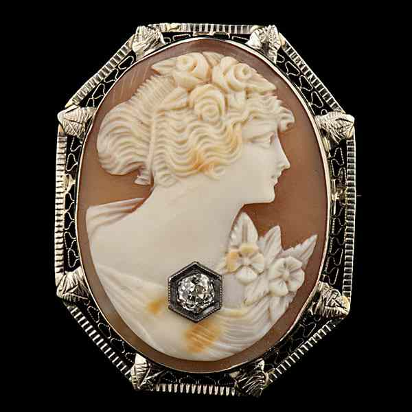 Appraisal: Antique Cameo Brooch Pendant with Diamond Accent A K yellow