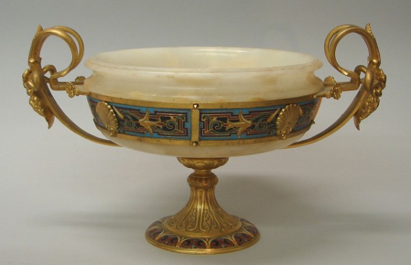 Appraisal: Marble compote features champleve base and bowl border figural double