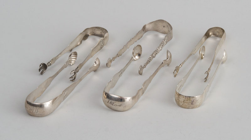 Appraisal: SIX AMERICAN SILVER PAIRS OF SUGAR TONGS Two with bound