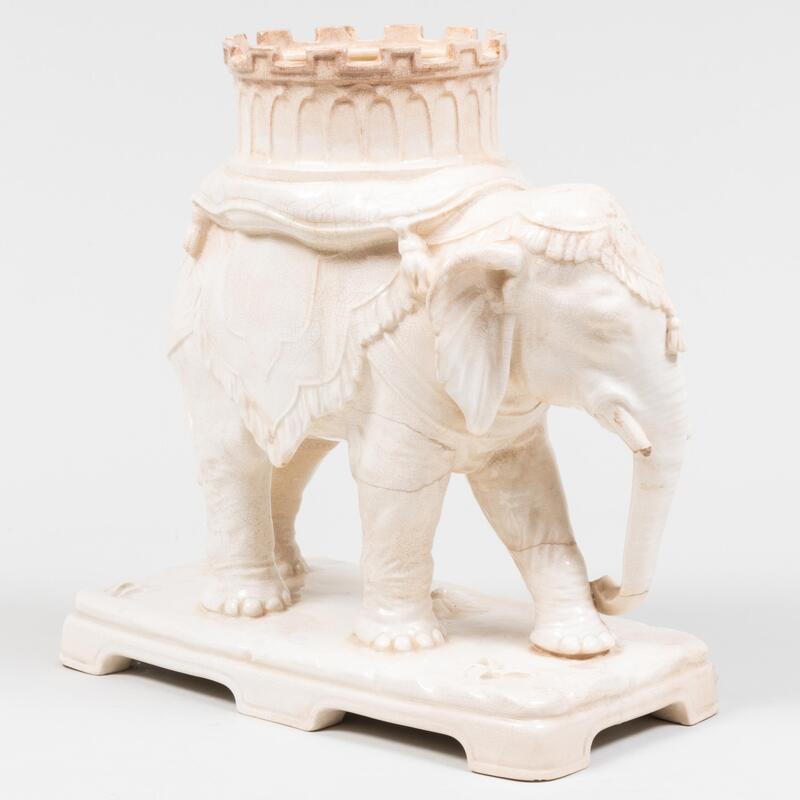 Appraisal: White Glazed Ceramic Caparisoned Elephant Form Jardini re Probably English