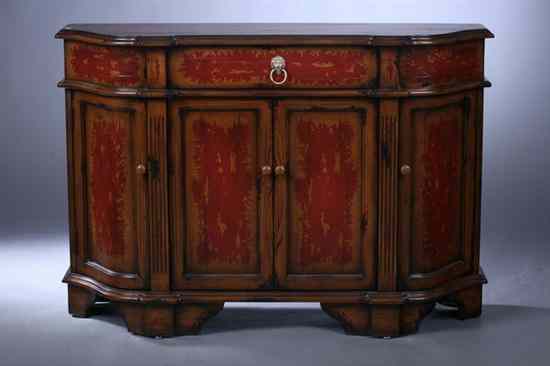 Appraisal: GEORGIAN STYLE GRAIN-PAINTED AND RED ENAMELLED SIDEBOARD by Maitland-Smith Serpentine