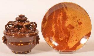 Appraisal: Two Early Pieces of Breininger Redware Covered sugar bowl dated