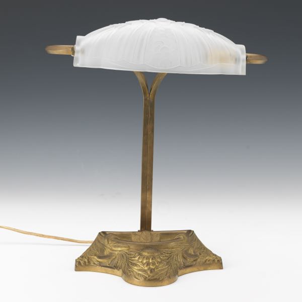 Appraisal: ART NOUVEAU GILT BRASS LAMP AND FROSTED GLASS SHADE MARKED