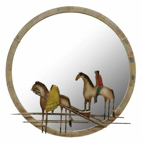 Appraisal: Figural polychrome metal wall sculpture affixed to a circular mirror