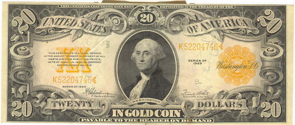 Appraisal: SERIES TWENTY DOLLAR U S GOLD COIN CERTIFICATE the best