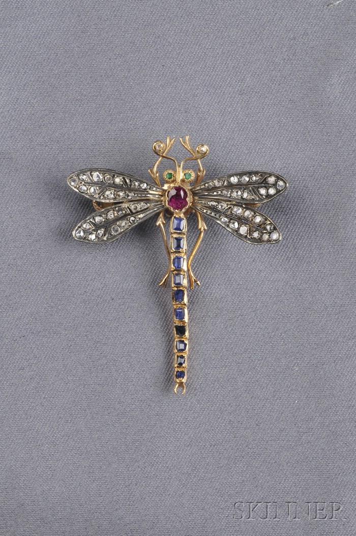 Appraisal: Gem-set Dragonfly Brooch with cushion-cut ruby sapphire and emerald body