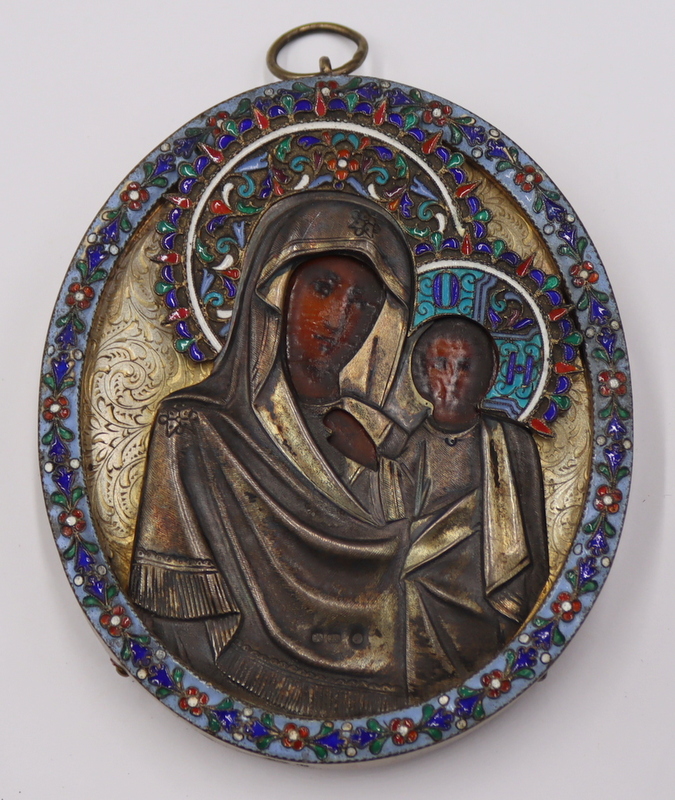 Appraisal: SILVER Russian Enamel Decorated Silver Icon of the Madonna and