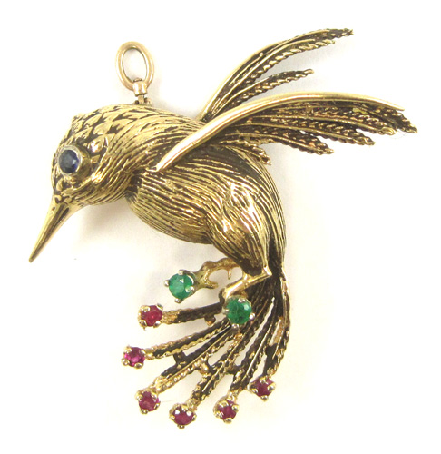 Appraisal: FOURTEEN KARAT GOLD HUMMINGBIRD PENDANT BROOCH cast in in-flight pose