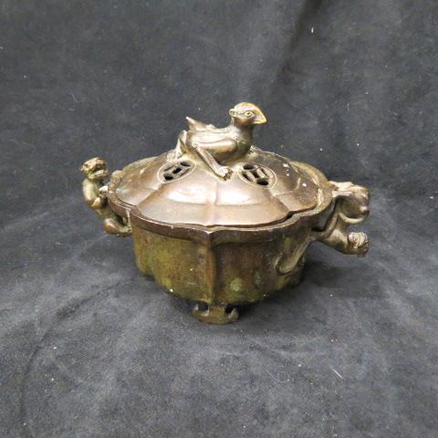 Appraisal: Oriental Bronze Censor creatures on sides top signed