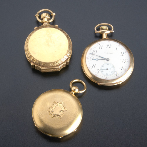 Appraisal: Three gold pocketwatches American Waltham k H C Riverside lever