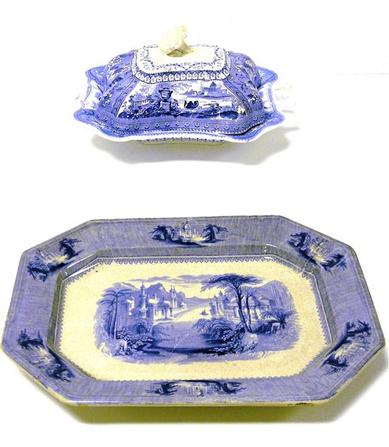 Appraisal: Two ceramic pieces including blue transferware covered dish ''Canova'' pattern