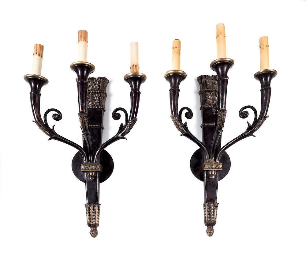 Appraisal: A Pair of Empire Style Parcel-Gilt and Patinated Bronze Sconces