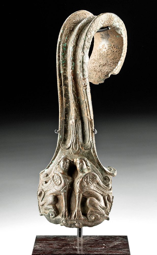 Appraisal: Etruscan Bronze Handle Silver Inlay w Female Sphinxes Classical World