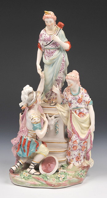 Appraisal: A DERBY PORCELAIN CLASSICAL GROUP OF THREE FIGURES one standing