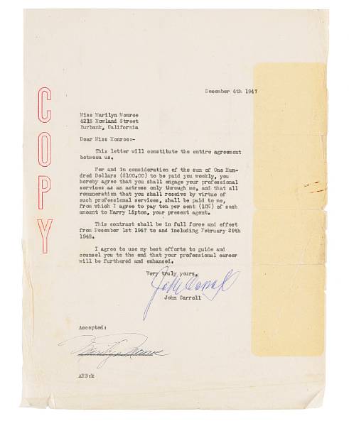 Appraisal: A Marilyn Monroe signed early contract between her and John