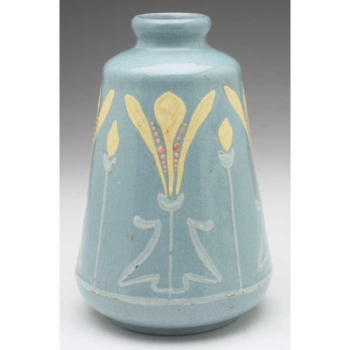 Appraisal: Good Roseville Crocus vase light blue ground with squeeze bag