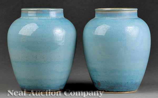 Appraisal: A Pair of Antique Chinese Blue Glazed Vases each ovoid