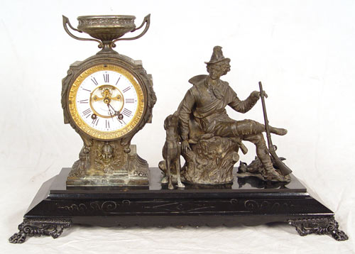 Appraisal: NEW HAVEN HUNTER FIGURAL MANTLE CLOCK Circa Mixed metal case