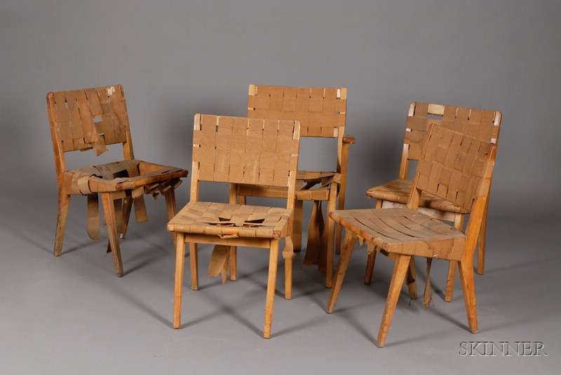 Appraisal: Five Bruno Mathesson Fiber Tape and Beechwood Chairs one armchair