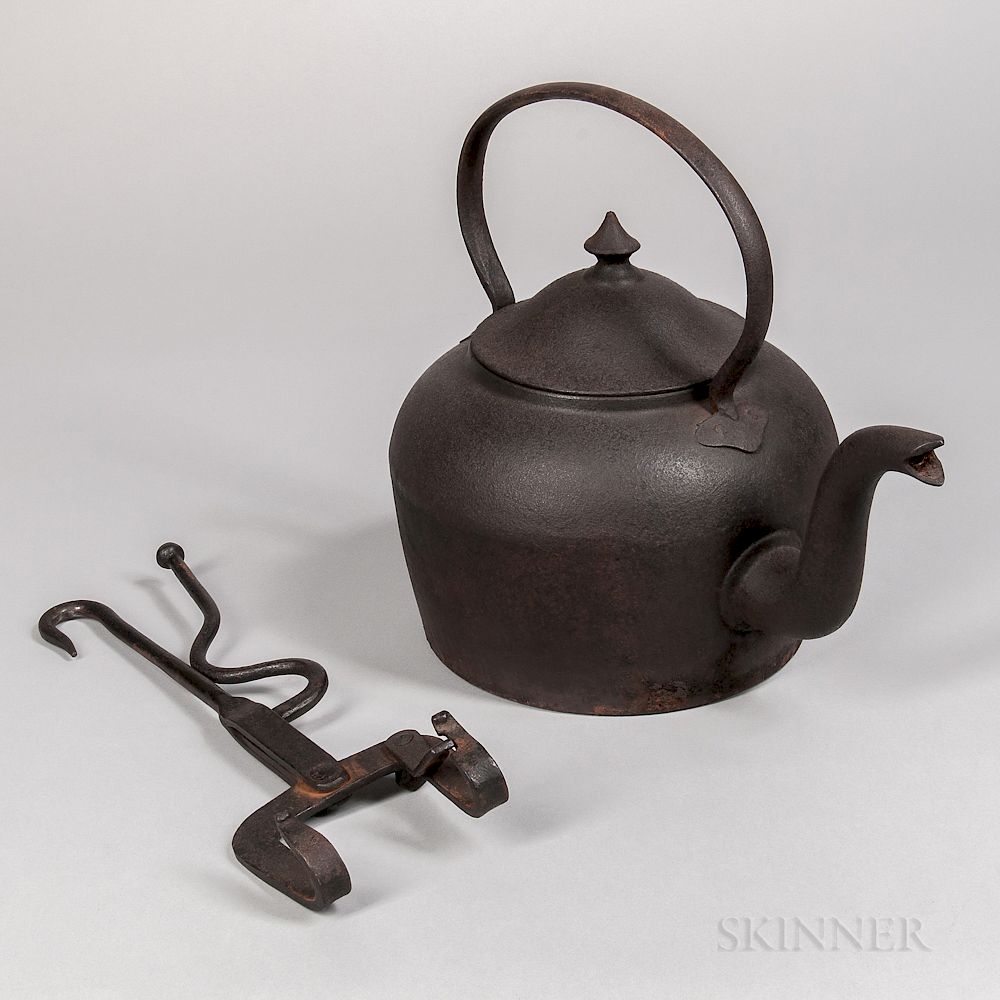 Appraisal: Cast Iron Kettle and Wrought Iron Kettle Tilter Cast Iron