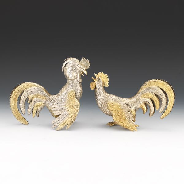 Appraisal: SPANISH PARCEL GILT STERLING SILVER ROOSTER AND HEN SCULPTURES CA