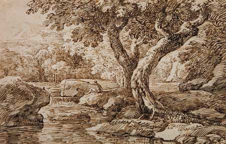 Appraisal: DUTCH SCHOOL th-century River Landscape with a Fisherman Pen and