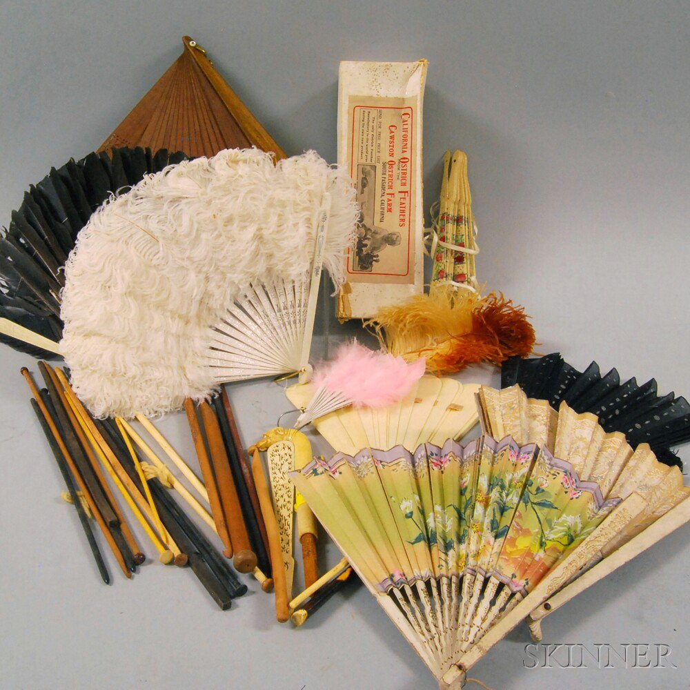 Appraisal: Collection of Wood Bone and Feather Antique Hand Fans and