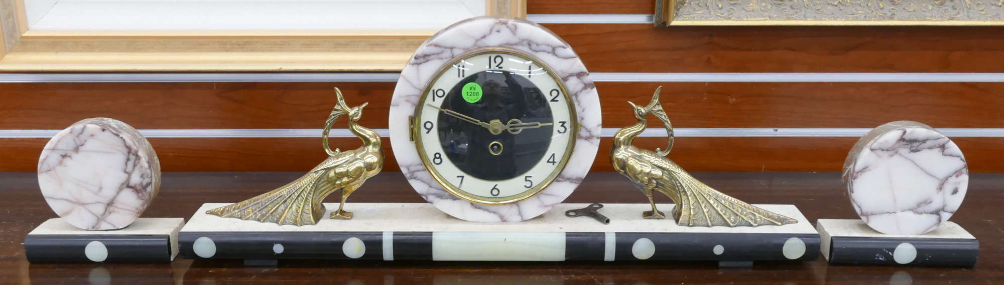 Appraisal: pc Art Deco Onyx Peacock Mantel Clock and Garniture Set