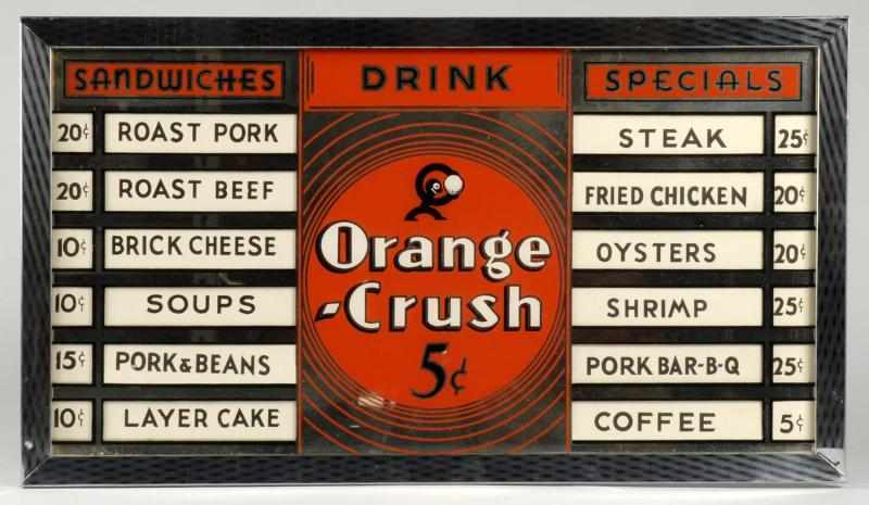 Appraisal: Reverse on Glass Orange Crush Menu Board Description Never used