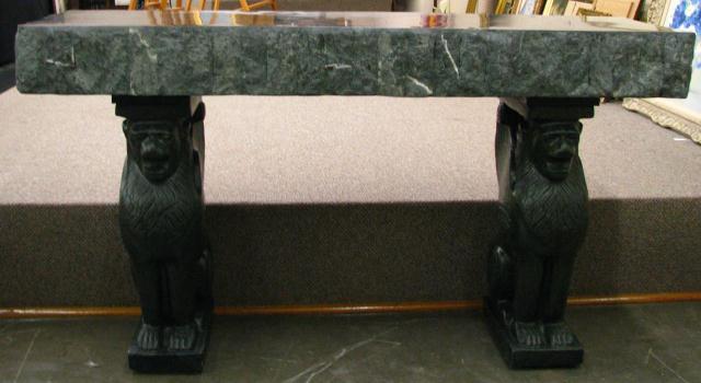 Appraisal: Faux Stone Console Table With Griffins two verde green pedestals