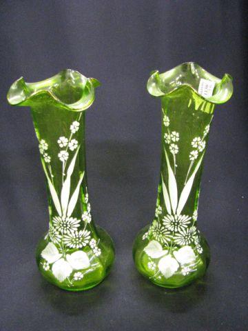 Appraisal: Pair of Victorian Emerald Art Glass Vases white enameled floral