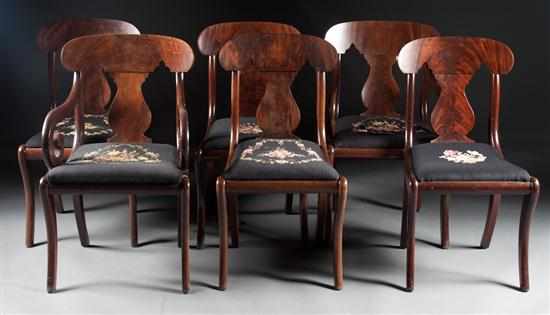 Appraisal: Set of six Biggs classical style mahogany needlepoint upholstered dining