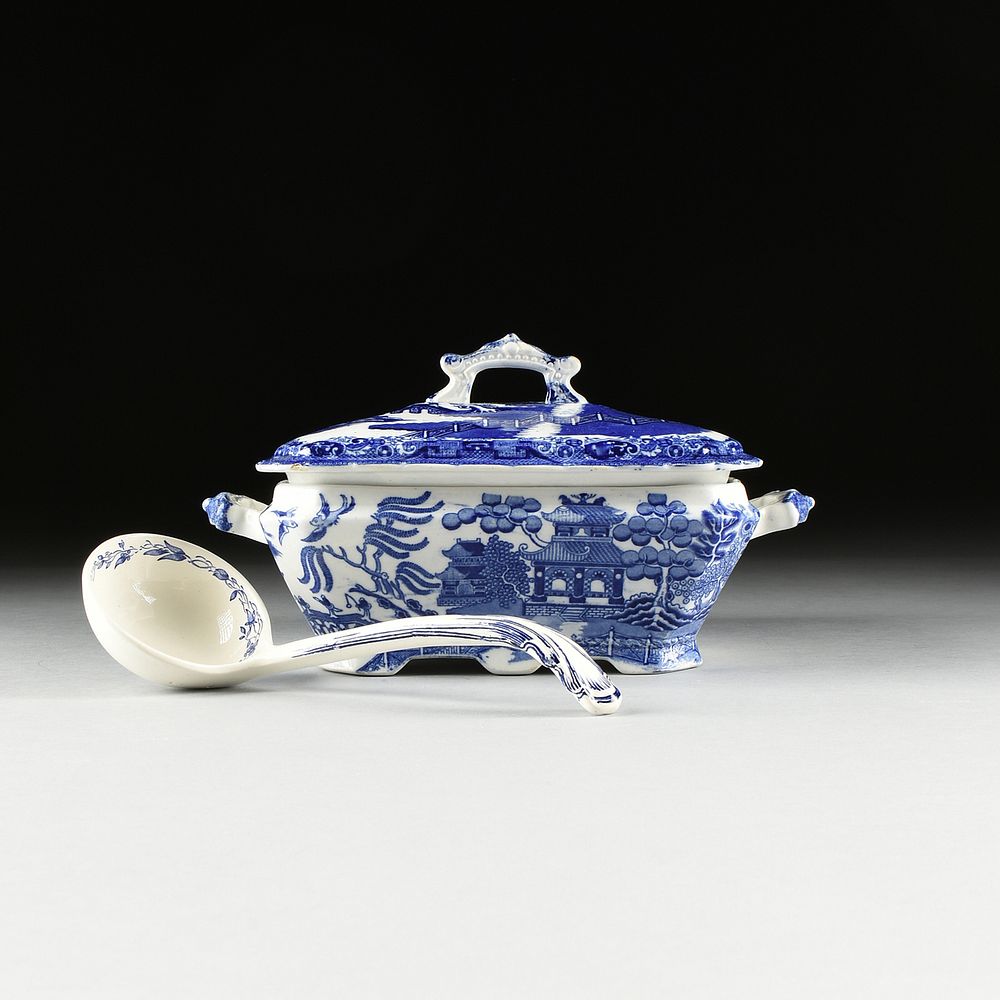 Appraisal: AN ENGLISH STAFFORDSHIRE BLUE WILLOW SQUARE PAGODA HANDLED TUREEN WITH