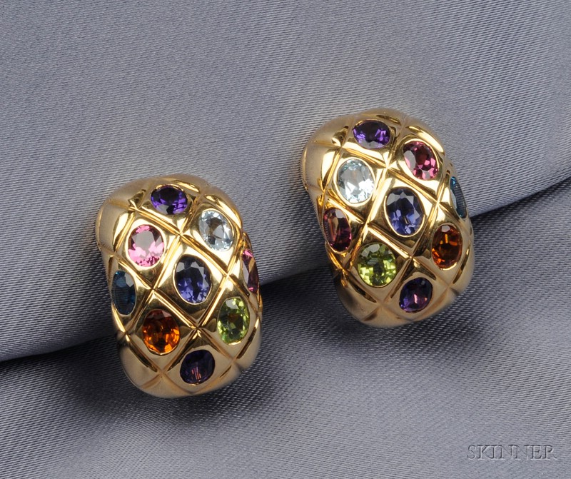 Appraisal: kt Gold Gem-set Earclips set with various cushion-cut colored stones