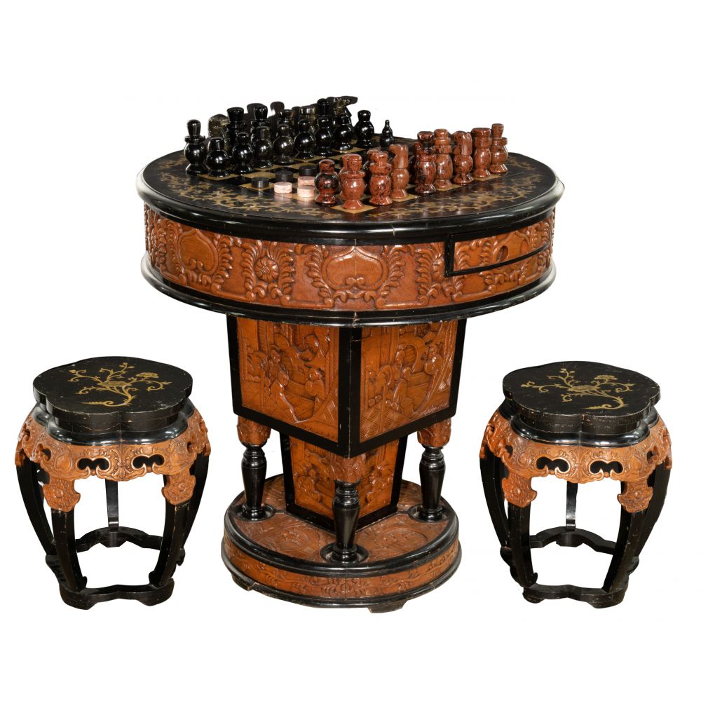 Appraisal: ASIAN STYLE WOOD CHESS TABLE AND STOOLS items including round